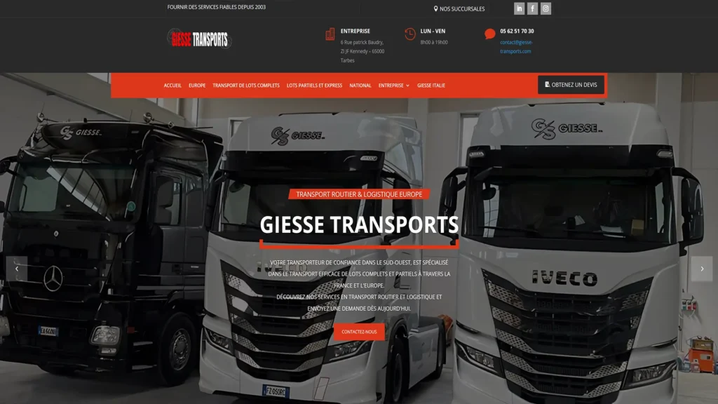 Site internet de transport Giesse Transports : accueil avec le menu des offres, le bouton de devis et la flotte