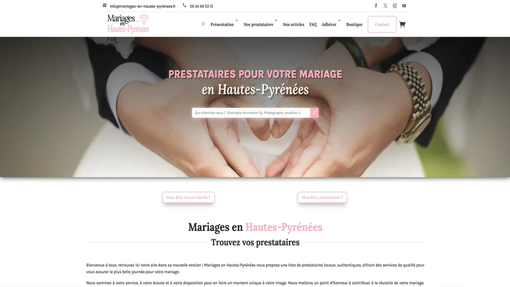 Première version de l’accueil de Mariages en Hautes-Pyrénées, avec un champ de recherche sur une photo de mariés