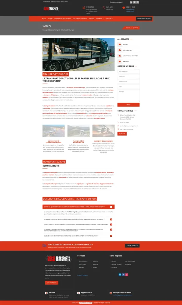 Capture de la page Transport Europe du site Giesse Transports