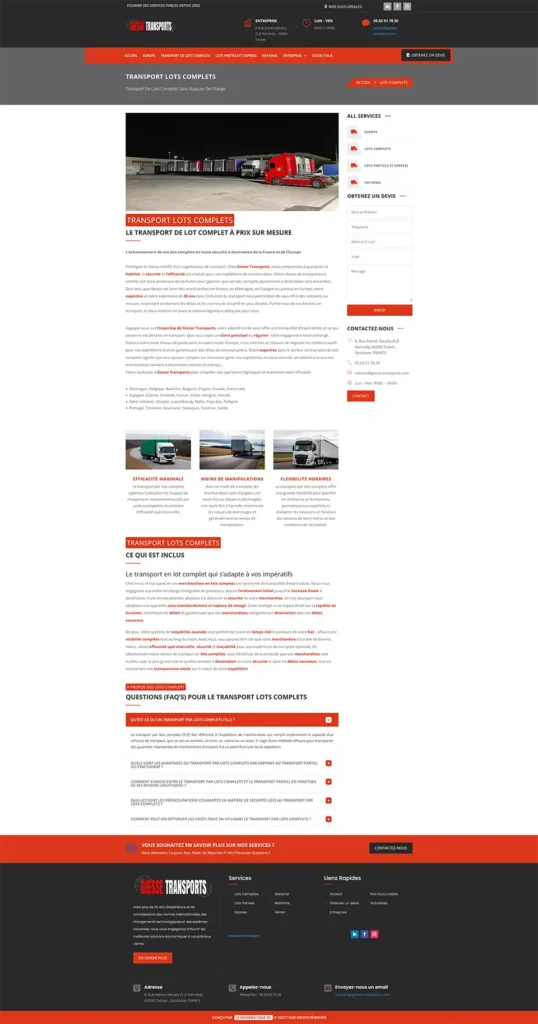 Capture de la page Transport de lots complets du site Giesse Transports
