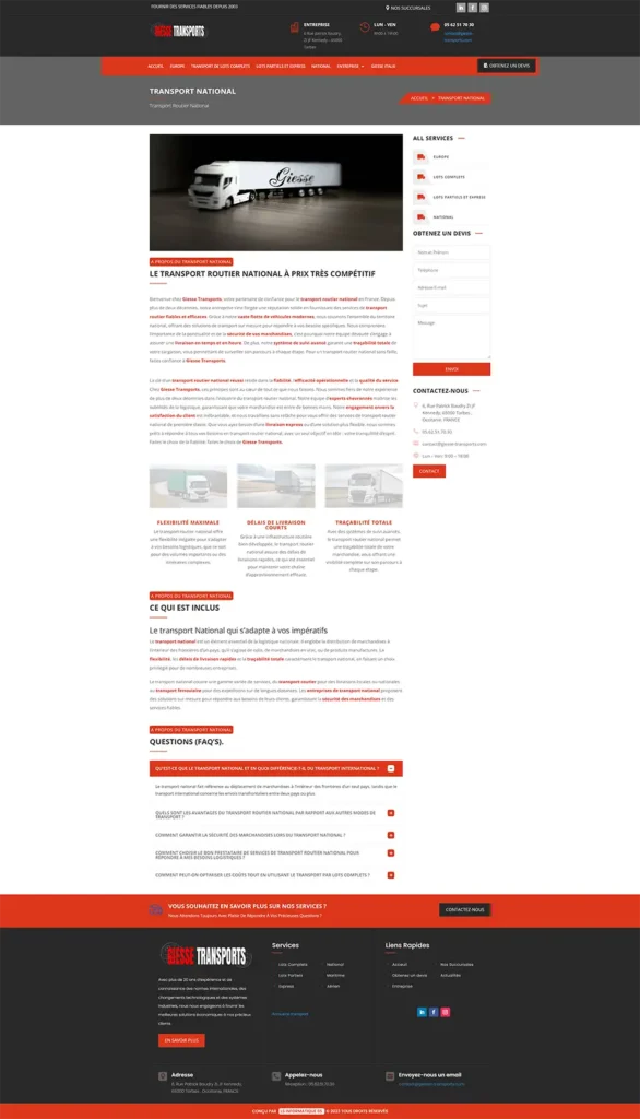 Capture de la page Transport national du site Giesse Transports