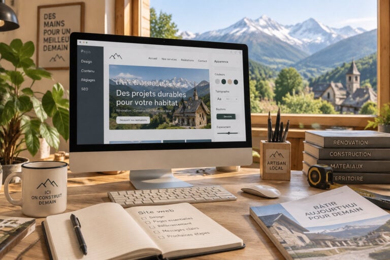 Bureau avec un écran affichant l’éditeur d’un site internet, montagnes des Pyrénées enneigées par la fenêtre