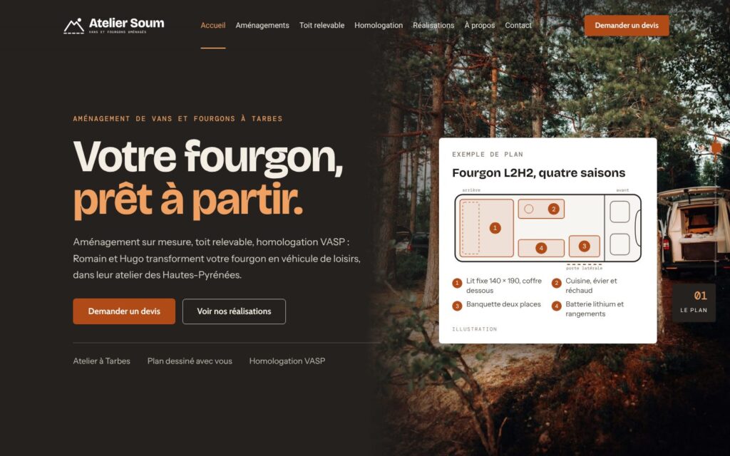 Accueil de la démo Atelier Soum, site d’aménageur de vans