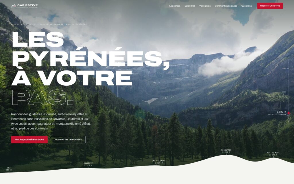 Accueil de la démo Cap Estive, site one page d’accompagnateur en montagne
