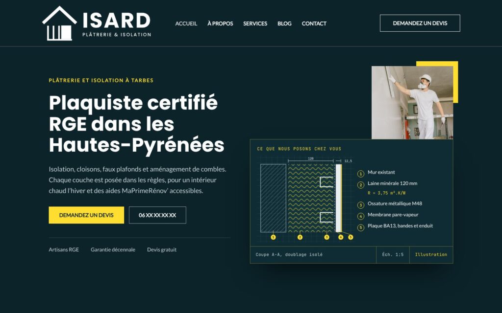 Exemple de site internet de plaquiste : accueil de la démo Isard Plâtrerie