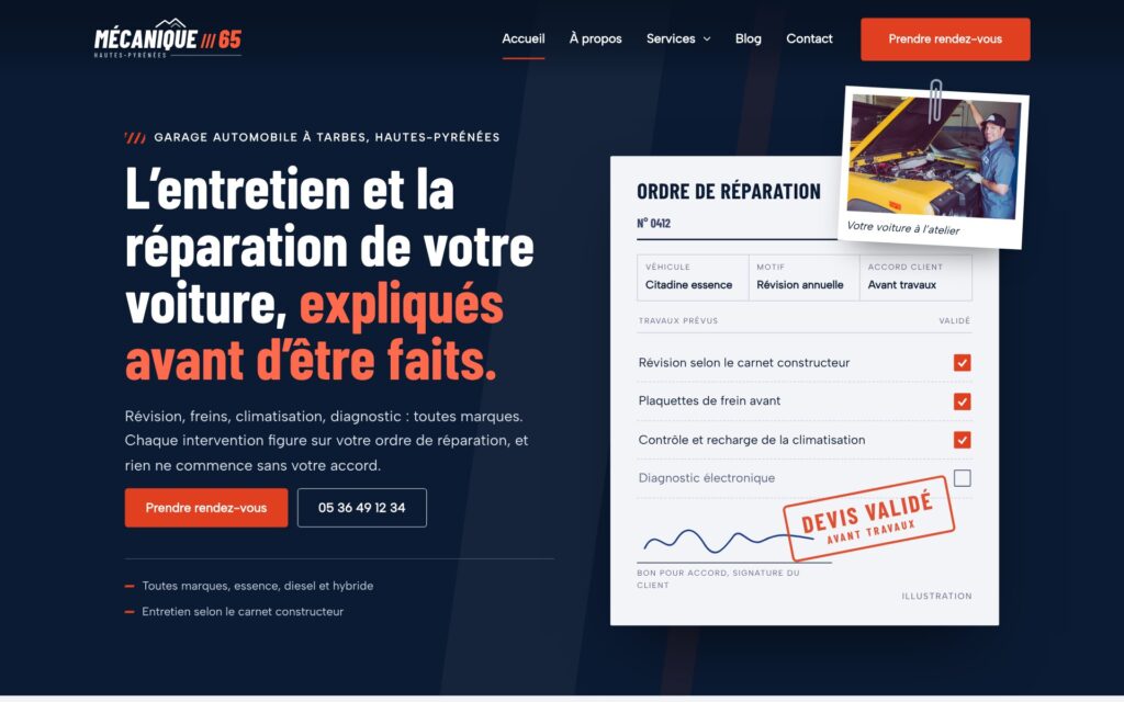 Accueil de la démo Mécanique 65, site de garagiste