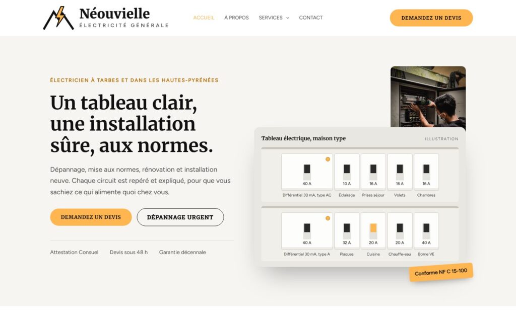 Accueil de la démo Néouvielle Électricité, site d’électricien