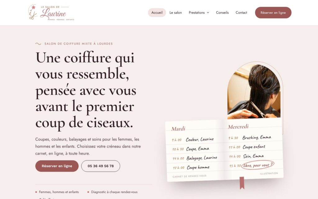 Accueil de la démo Le Salon de Laurine, site de coiffeur