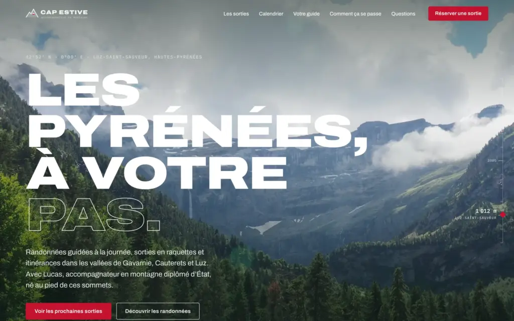 Haut du site one page de démonstration Cap Estive, accompagnateur en montagne, sur ordinateur