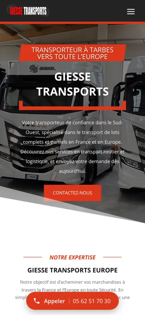 Site de Giesse Transports : page d’accueil sur téléphone