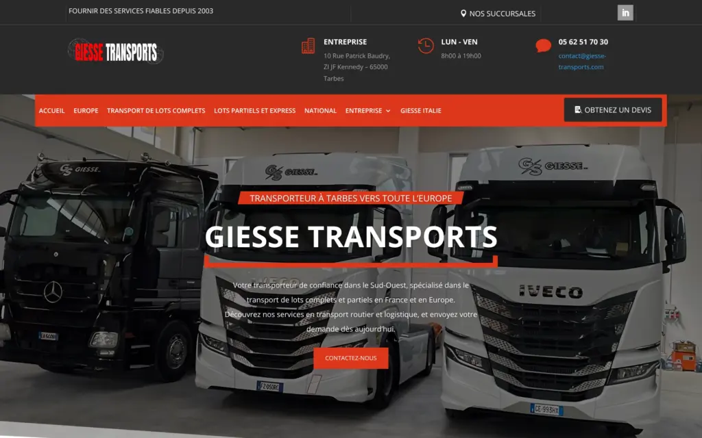 Page d’accueil du site de Giesse Transports, à Tarbes