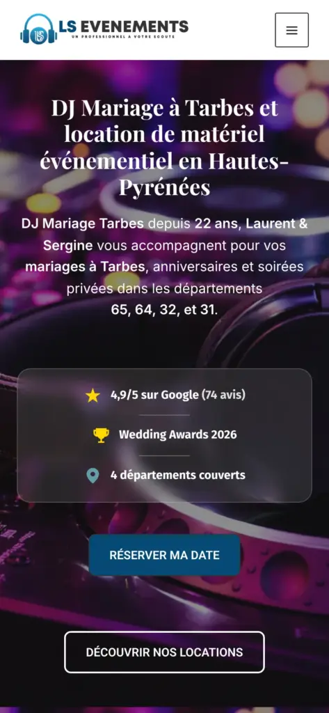Page d’accueil du site Ls Événements affichée sur mobile