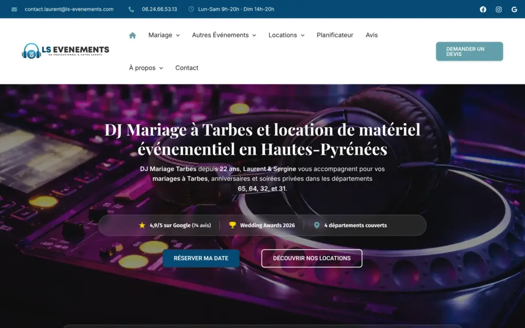 Haut de la page d’accueil du site Ls Événements : titre DJ mariage à Tarbes, boutons de réservation et de location
