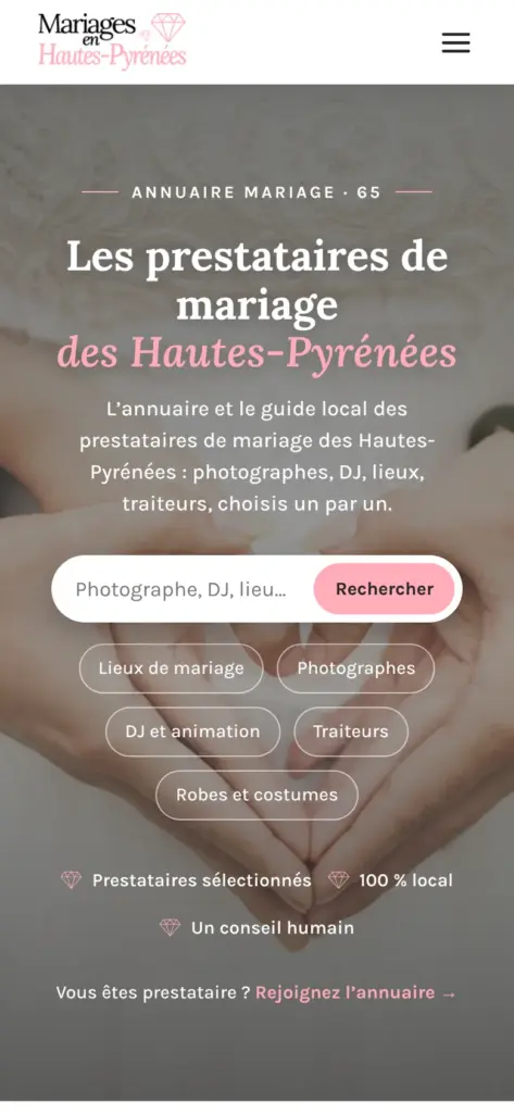 Page d’accueil de l’annuaire Mariages en Hautes-Pyrénées affichée sur mobile
