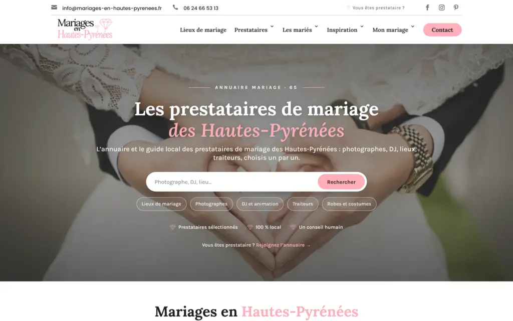 Annuaire mariage Mariages en Hautes-Pyrénées : accueil avec la barre de recherche et les raccourcis par métier