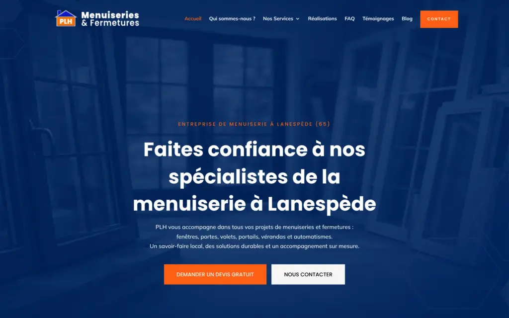 Site de menuiserie PLH 65 : accueil avec le logo, le menu, l’accroche sur Lanespède et le bouton de devis gratuit