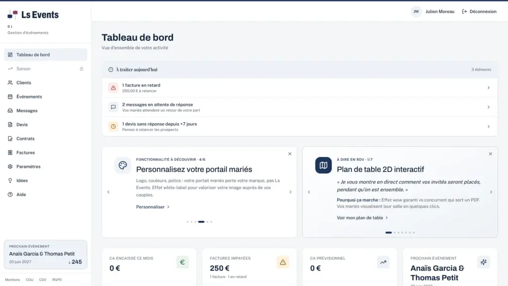 Application sur mesure Ls Events Pro : tableau de bord du DJ avec la liste des mariages, les devis et les factures